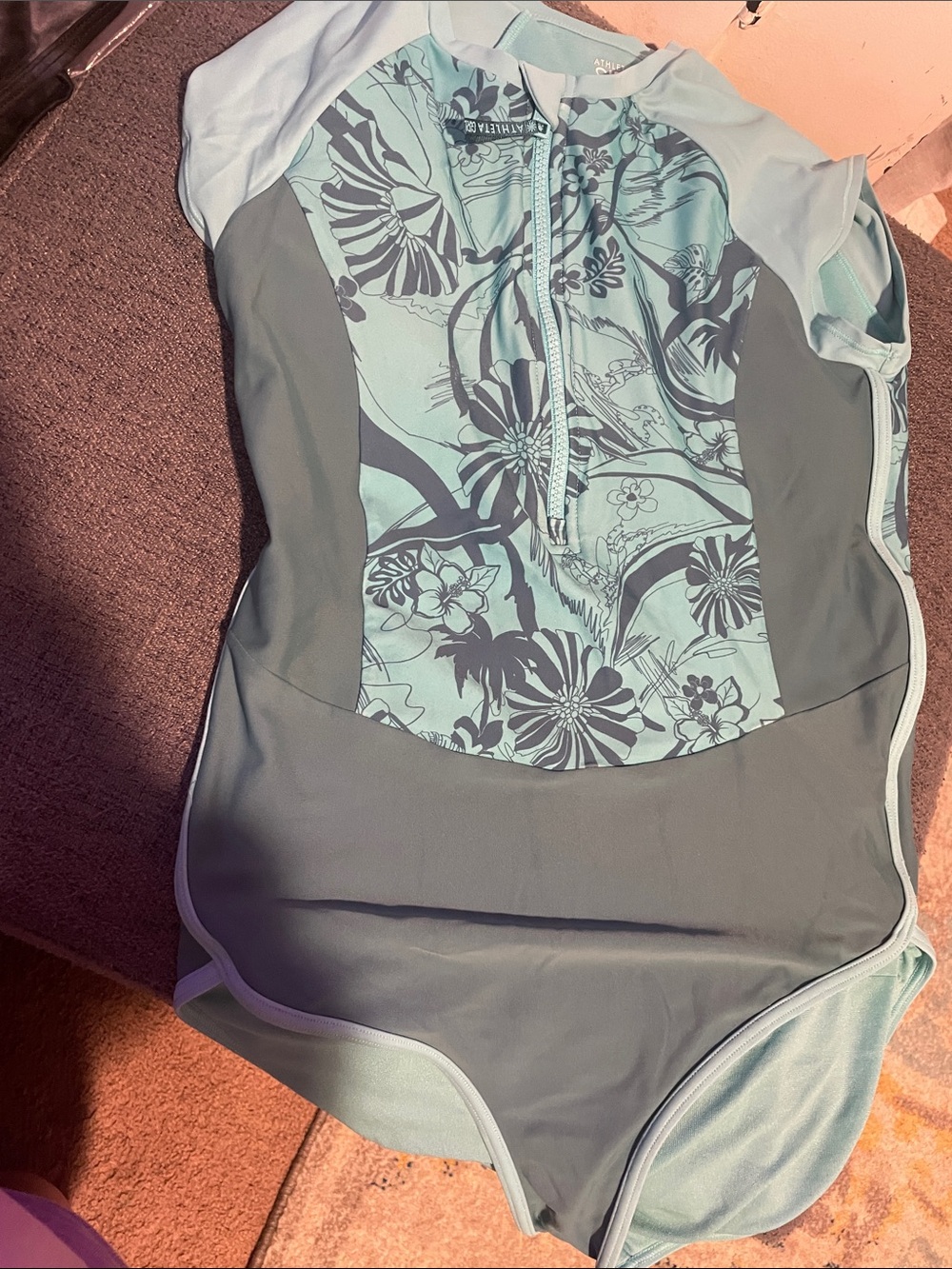 Athleta Mint Floral Zip-Front Girls One-Piece Swimsuit